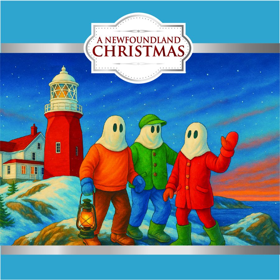 A Newfoundland Christmas artwork: three mummers with a lantern beside a red lighthouse at dusk