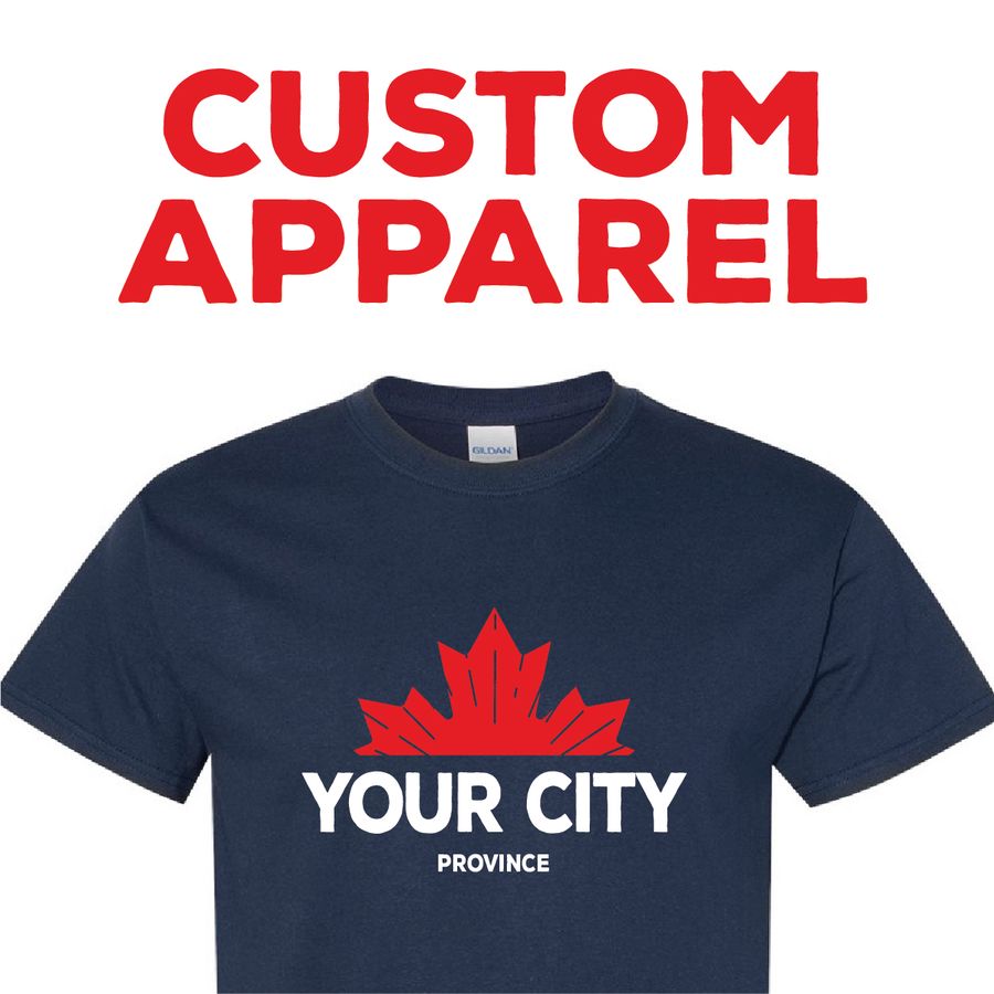 Navy tee with a red maple leaf and Your City / Province print, an example of custom apparel