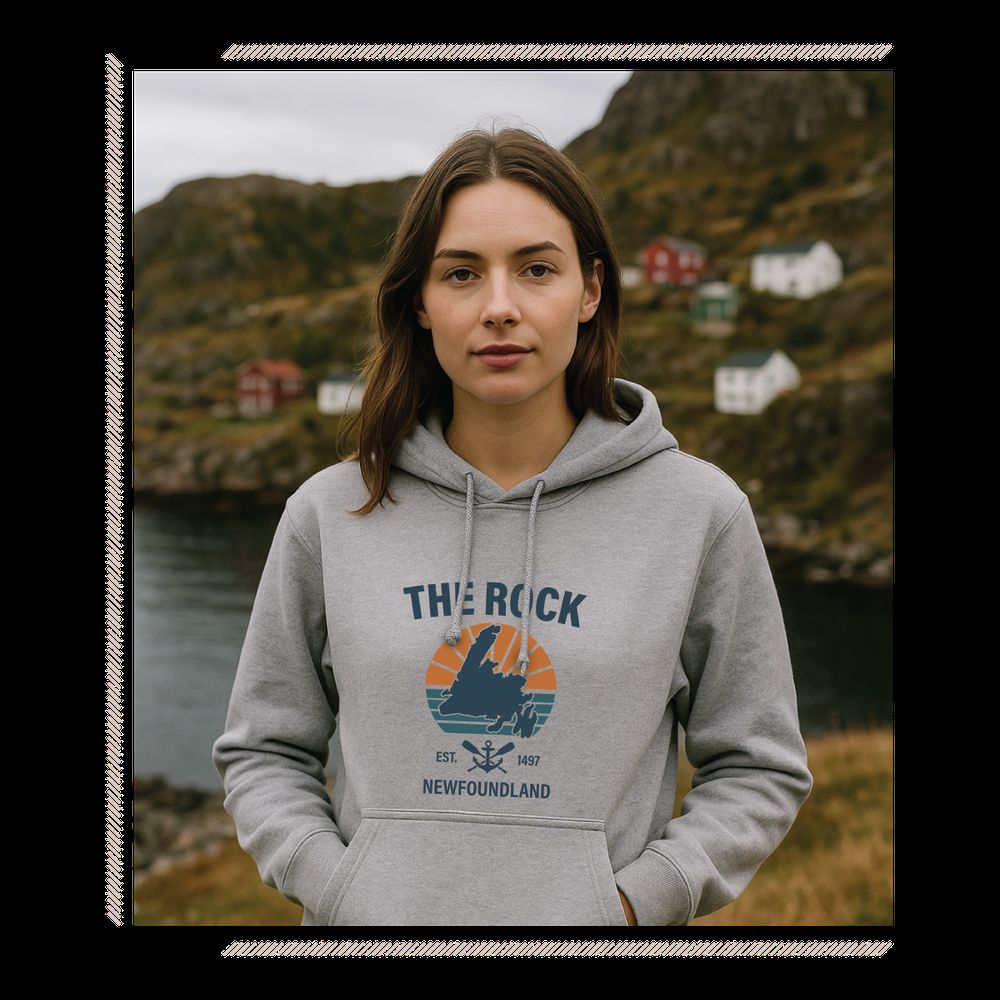Model in a grey The Rock — Newfoundland Est. 1497 hoodie in an outport landscape of hills and saltbox houses