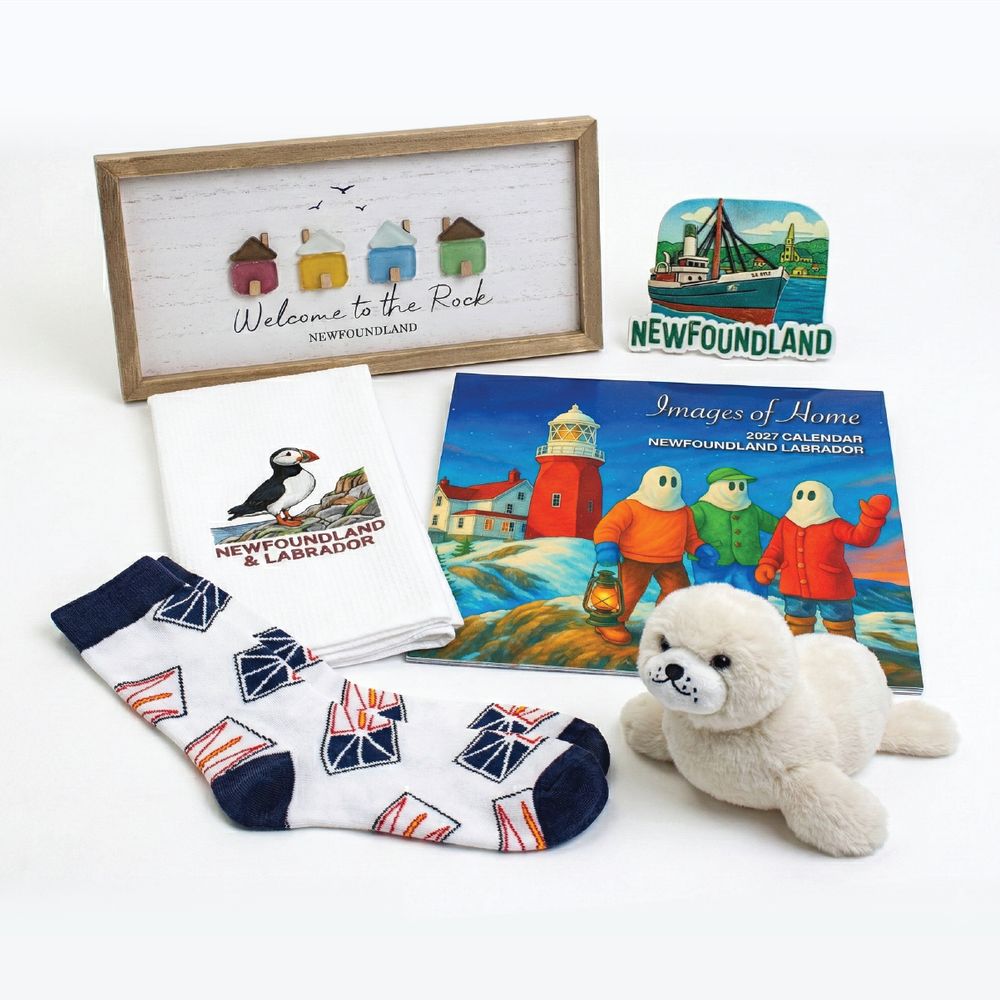 Newfoundland souvenirs: a Welcome to the Rock row-house sign, boat magnet, puffin tea towel, flag socks, Images of Home calendar and a plush seal